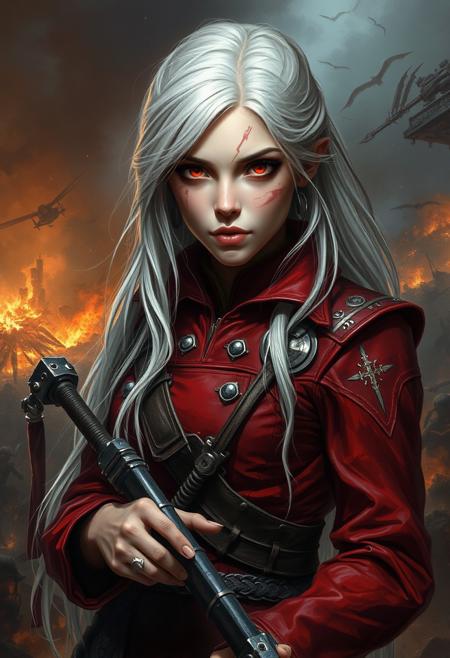 A detailed, dark fantasy digital painting featuring a young woman with long, pale silver hair, and piercing red eyes, marked by scars on her face. She is dressed in a crimson military-style uniform, adorned with metal embellishments, giving her a battle-hardened look. The backdrop is a chaotic battlefield filled with fire and destruction, enhancing the sense of conflict and turmoil. She holds a large weapon, her expression focused and fierce, embodying resilience and determination. The lighting is dramatic, with strong contrasts that emphasize the tension and intensity of the moment, blending realism with a grim, apocalyptic aesthetic.