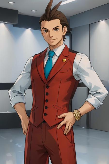 apollojustice antenna hair white shirt blue necktie sleeves rolled up red vest red pants jewelry bracelet