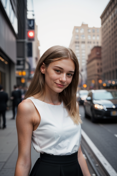 EllaRattigan2, photography by (Rodney Smith:1.3), ((face focus, shoulders)), modelshoot, pose, (business dress, facing viewer, busy Manhattan sidewalk, looking at viewer, blurry background, bokeh, ID photo:1.3), grin