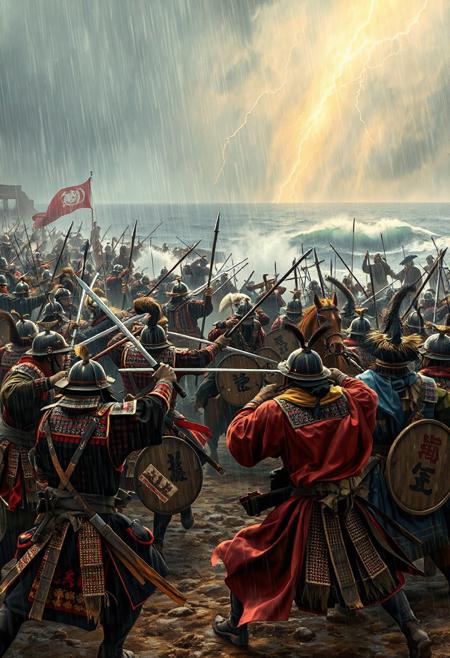 A vivid, cinematic battle on a stormy coastal plain, showing adult Japanese samurai clashing with adult Mongolian warriors in a 13th-century conflict. Rain lashes the scene as warriors engage in intense combat, with ocean waves crashing and distant ranks fading into mist. The atmosphere is chaotic and richly detailed.
Japanese Samurai: Elite samurai, all mature warriors, wield katana and naginata, blades gleaming. Ashigaru spearmen, also adults, form disciplined ranks with yari spears. Samurai wear o-yoroi armor: lacquered iron plates in crimson and black, tied with silk cords, paired with kabuto helmets featuring gold crests and protective menpo masks. Ashigaru wear simpler do-maru armor in muted greens. Tate shields display white clan mon. Weapons include tachi swords, tanto daggers, and yumi bows. Colors are crimson, black, and gold, with blue-white silk sashes billowing.
Mongolian Warriors: Adult Mongol horse archers fire composite bows, while infantry brandish curved sabers and maces. They wear lamellar armor of iron and leather in browns and blues, with conical helmets topped with horsehair plumes. Round shields bear red-black tribal patterns. Cavalry wear fur-lined vests and felt boots. Weapons include short spears and handaxes. Colors are brown, blue, and red, with embroidered saddlecloths.
Stormy skies and lightning highlight wet armor. Mud and battle scars add realism.