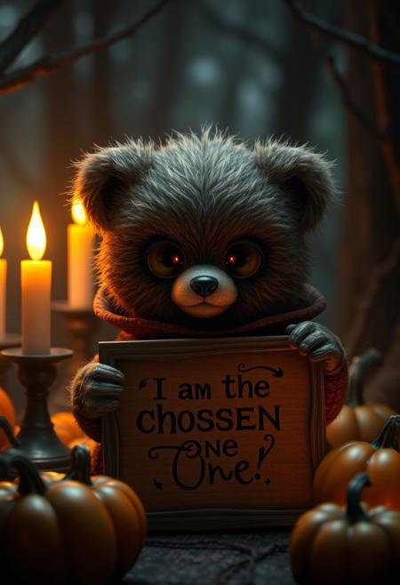 Create an image of a small, fluffy pouty bear with large cute adorable baby eyes and  holding a sign that says "I am the chosen one" The creature is surrounded by candles in a dimly lit room, giving off an eerie yet whimsical atmosphere. Make the character cute adorable child-like and dressed in a Halloween costume. Add some pumpkins around the character. Make the pumpkins glow.  the background is a spooky forest. moody, grainy, noisy, concept art, by Alberto Seveso, Cyril Rolando, Dan Mumford, Meaningful Visual Art, Detailed Painting, Digital Illustration, Unreal Engine 5, 32k maximalist, hyperdetailed fantasy art, 3d digital art, sharp focus, masterpiece, fine art"
.
<lora:Dever_Flux_Enhancer:0.5>
<lora:midjourney_whisper_flux_lora_v01:0.65> Midjourney_Whisper
<lora:Midjourney_-_SemiReal_Dreams_FLUX_LoRA:0.65>
<lora:Dreamy_Illustrations_FLUX_LoRA-000001:0.65>