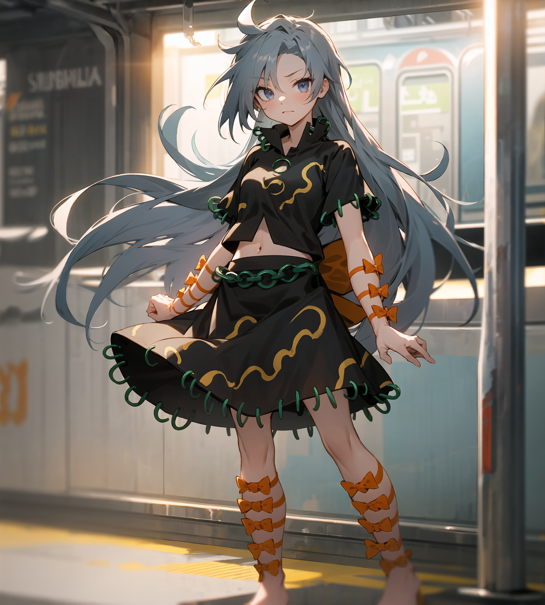 Himemushi Momoyo, patterned clothing, black shirt, green ring, orange ribbon, orange bow, black skirt, standing, subway st...
