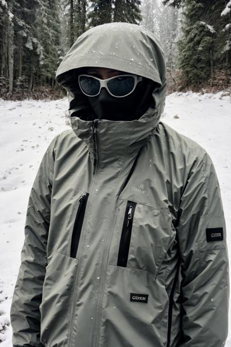 ,black jacket,sunglasses, no face, masterpiece,gorpcore,80mm f/11 on kodak ektachrome e100, soft focus, film grain, muted colors,snowy,snow mountains, <lora:gorpcoreLORA:1>