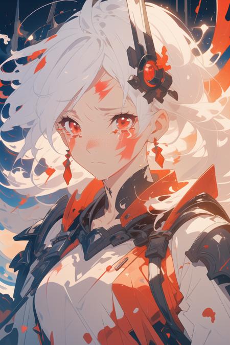 white hair, long hair, freckles, earrings, 
(upper body:1.1), (particles:1.2), (sparkles:1.1), flames, (tears:1.3), (crying:1.2), (wet face:1.1), 
(torn clothes:1.2), abstract, (red lighting:1.2), knight armor, armor, (bloody face:1.2), (blood:1.1), (scars:1.5), 
<lora:more_details:0.3>
<lora:AnimeVibesV3:0.3> animevibes,
<lora:Unleashed_V1.5:1.35>, shiny, shiny hair, shiny skin, shiny clothes