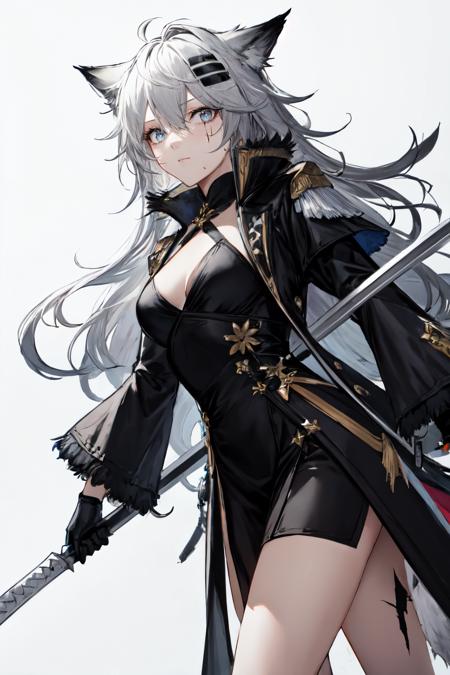 lappland, coat, black dress, holding sword, solo, sketch, scar across eye, 1girl, very long hair, holding, long hair, open clothes, simple background, messy hair, white background, long sleeves, gloves, dress, holding weapon, looking at viewer, weapon, tail, sword, black coat, scar on face<lora:lappland:1>