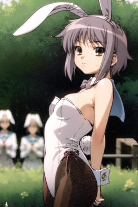 <lora:NagatoYuki_V1.0:1>, 1girl, nagato yuki, school, outdoors, white playboy bunny, rabbit ears, white leotard, pantyhose,