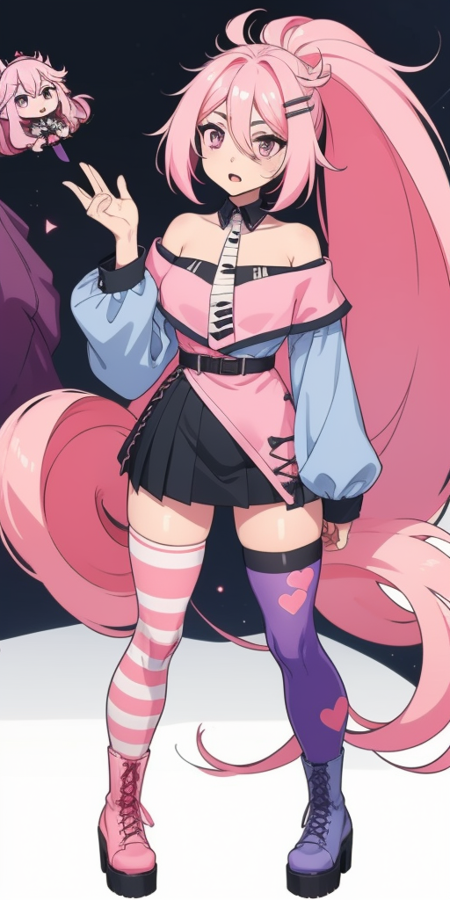 Ayyuri, vtuber, pink hair, very long hair, ponytail, hair between eyes, hairclip, purple eyes, animal ears, animal ear fluff, headset, piano necktie, off-shoulder, long sleeves, pleated skirt, thighhighs, uneven legwear, chunky sole boots, lace-up boots