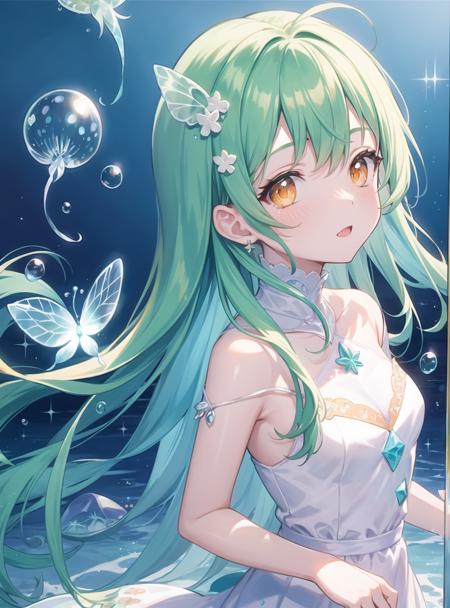 masterpiece, best quality, kawaii,cute, small breasts, green hair, orange eyes, clover hair ornament, long hair, disheveled hair, messy hair, lucency full dress,water,colorful bubbles,crystal butterflies,tyndall effect,dusk,cinematic lighting,water stirring,dreamlike,wonderful scene,sparkle,jellyfish,cristal dream,