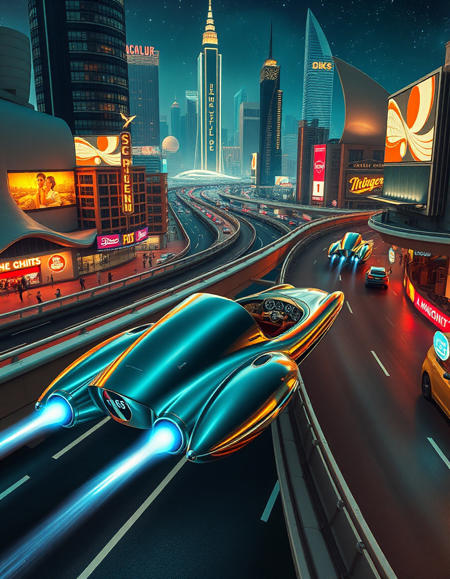 In a sprawling retro-futuristic city, bathed in the soft glow of neon and starlight, sleek rocket-powered cars cruise the streets, embodying the bold optimism of the 1950s vision of the future. These cars are masterpieces of streamlined design—gleaming chrome and polished steel, their aerodynamic shapes inspired by the cutting-edge ideals of speed and style. With their long, sweeping curves and sharp, pointed tails, each vehicle appears poised for liftoff, blending function with high-fashion. The rocket engines mounted at the rear emit a soft blue glow, faint trails of exhaust vapor curling in the air as they glide just above the pavement, leaving shimmering arcs of light in their wake.

The roads are wide and expansive, designed to accommodate these futuristic speed machines. Elevated highways twist through the city, weaving between towering skyscrapers with smooth, organic forms, some resembling giant shells or sleek fins. The rocket-cars race above, their polished surfaces reflecting the changing hues of neon advertisements, which flicker across the towering billboards like the pulse of a living city. Each car seems a tribute to mid-century dreams of interplanetary travel, with bubble canopies offering a clear view of the drivers inside—dressed in fashionable, sharp suits and futuristic headgear, their faces illuminated by the soft glow of dashboard instruments that look as though they belong on a spacecraft.

Pedestrians on the ground look up in awe as the cars zoom by, their engines emitting a soft, melodic roar. These cars are more than mere transportation—they are symbols of the future, an age where style and function are perfectly intertwined, and the sky is no longer the limit.