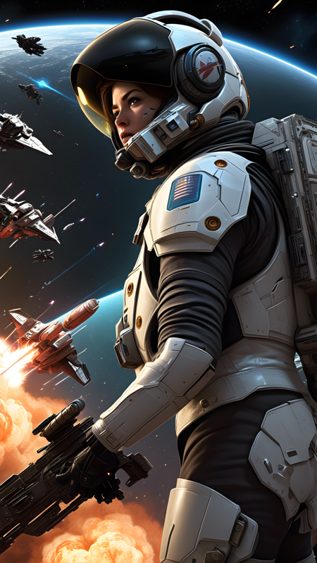 Imagine an intense and breathtaking loading screen for a space war game, set in the vast and mysterious depths of outer space. The scene captures the epic scale and high stakes of interstellar combat.

Foreground Character: In the foreground stands a battle-hardened space pilot, clad in a sleek, high-tech spacesuit with a helmet that reflects the chaos of the battle around them. The pilot holds a plasma rifle, ready for action, and their suit is adorned with insignias and battle scars that tell the story of countless skirmishes. The pilot's expression, visible through their helmet's visor, is one of fierce determination and focus.

Space Battle Background: The background features an epic space battle unfolding against the backdrop of a distant galaxy. Massive starships, both ally and enemy, engage in fierce combat, with beams of laser fire and missile trails crisscrossing the void. Smaller fighter ships dart between the larger vessels, engaging in dogfights and evasive maneuvers. Explosions light up the darkness, casting brief flashes of light on the surrounding spacecraft.

Action and Details: Various elements of space warfare are depicted in the background. To the left, a massive battleship unleashes a barrage of laser cannons, targeting an enemy frigate that is desperately returning fire. To the right, a squadron of fighter jets is engaged in a high-speed chase, with one ship narrowly avoiding a direct hit by executing a barrel roll. In the distance, a colossal space station is visible, its shields shimmering as it withstands the onslaught of enemy fire.

Atmosphere: The overall atmosphere is one of intense action and futuristic warfare, with a sense of urgency and danger. The scene is filled with intricate details that bring the space battle to life, from the intricate designs of the starships to the vibrant colors of the laser fire and explosions.

This loading screen captures the epic scale and thrilling action of space warfare, immersing players in the high-stakes conflict of an interstellar battle