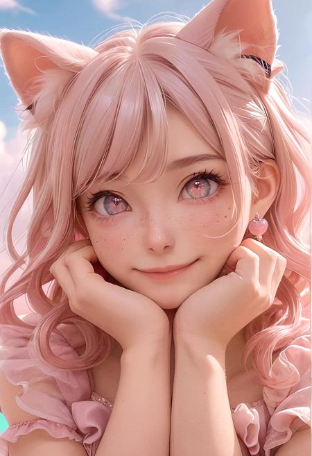 A fantasy portrait of a grown woman with pink cat ears and fluffy pastel hair, wearing a glittery ruffled pink dress. Light freckles, shimmering earrings, wind-blown strands, bright sky in the background. Dreamy lighting, sparkling soft tones, whimsical and magical vibe, anime-style fantasy