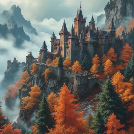 (masterpiece ink illustration photorealistic style:1.4) (fantasy cityscape painting of Castle:1.5), (Dwarven mountain fortress overlooks misty valley of evergreens:1.6), high quality oil paint, aerial view, overhead shot, vast, depth of field, deep hues, intense shadows, raking light, dramatic lighting, marble, magical aura, fantasy aura, iridescence, luminous, aesthetic, breathtaking, beautiful