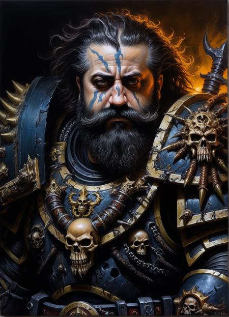 oil painting of a bearded chaos marine, dark shot, dramatic, extremely detailed++, intricate, by Greg Rutkowski, photo+++