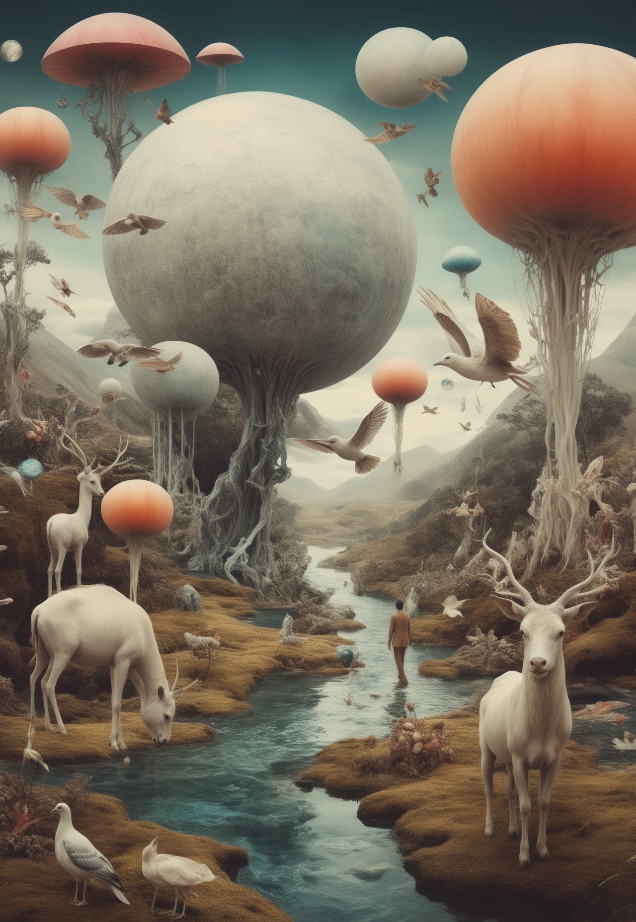 surreal landscape, fantastical creatures, vivid colors, intricate patterns, futurism, classical art, harmonious coexistence, emotional resonance, storytelling, otherworldly, balance, chaos, order, reality, fantasy, breathtaking, unique masterpiece, high detail, imaginative, dreamlike, ethereal atmosphere, luminous, awe-inspiring, timeless beauty, Surreal Harmony, Surreal Collage, high contrast, best quality