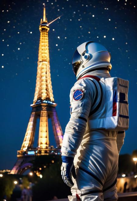 a8ng3, Ultra-HD-details, astronaut, City of paris, eifel tower behind defodaca, night, standing, full astronaut costume, helmet on head, minimalist details on clothes, blurred starry sky with illuminated eifel tower, view of astronaut in foreground, Canon 6D camera, 50mm lens