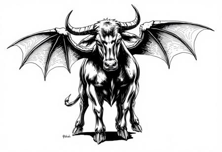 fantasy, ink art, comic style art, bull is standing with four feet, feet has 3 claws, bat wings