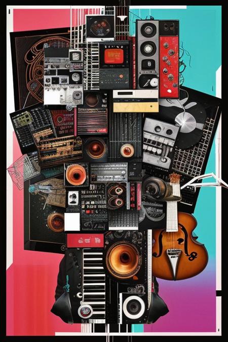 Create a striking abstract collage using vibrant cutout images of musical instruments. Blend them together in an unusual way with glitch effects.