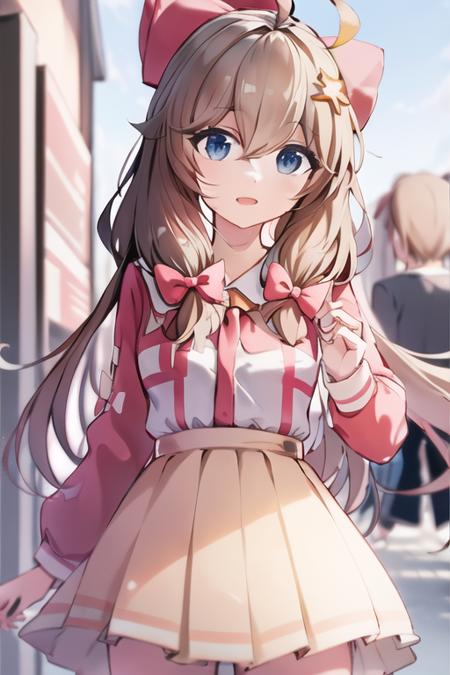 solo, masterpiece, best quality, highly detailed, finely detail, Depth of field, anime screenshot,1girl, simple_background,<lora:DianaV1:0.9>,ahoge,red_bow,white_skirt