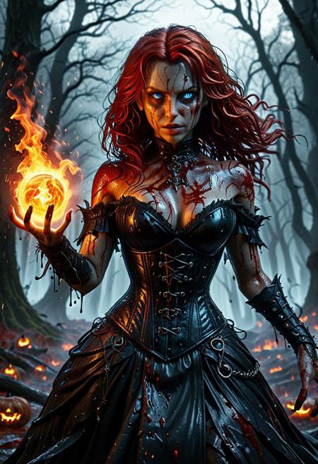 High resolution ultrarealistic of Beautiful Dark Fire Witch, Intricately designed gothic black dress with corset, standing on a bloody and stormy dark forest in epic bloody Halloween: 15, fighting pose, wavy red hair, nice dirty Pale freckled face face, without makeup, dark fantasy, fireball, oily skin, full body, firm athletic body and figure, beautiful realistic blue eyes, 8k, ultra realistic, hyper realistic, highly detailed, curves, beautiful perfect closeup pupils, daylight, high contrast, colorful polychromatic, Beautiful  as Dark Fire Witch, beautiful firm Breasts, defiant and seductive, wet oily shiny skin, ultra detailed, Intricately Designed dirty face: 13, Cinematic clorful lighting, realistic body and face, Photograph Taken on Nikon D750, Intricate, Elegant, Digital Illustration, Scenic, HyperRealistic, Unreal Engine, CryEngine, Octane Render, Artgerm, WLOP, Greg Rutkowski, 8k ultra high resolution concept art, hyperdefined, sharp focus, echoing, hyperdetailed body and face: 13, Atrractive, Atrractive 21 years old woman, attractive bust girl, asymmetric balance