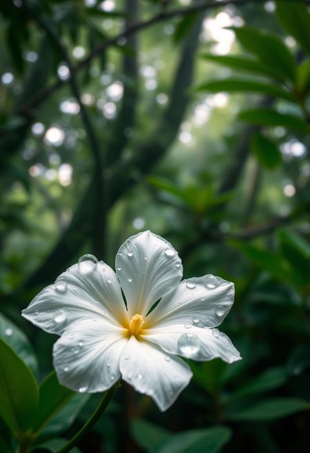 A delicate white jasmine flower blooming in the heart of a lush tropical rainforest, crystal-clear raindrops resting gently on its petals, each droplet reflecting the vibrant green canopy, soft diffused light filtering through the trees, misty atmosphere, ultra-realistic macro photography, 8k resolution, extreme detail, rich depth of field, photorealistic botanical style