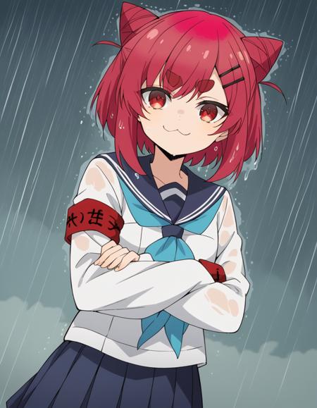 neko nekoyamada, short hair, bangs, hair ornament, red eyes, red hair, hairclip, hair bun, double bun, thick eyebrows, short eyebrows, cone hair bun, skirt, shirt, long sleeves, school uniform, white shirt, pleated skirt, serafuku, sailor collar, blue skirt, neckerchief, sleeves past wrists, armband, sleeves past fingers, blue neckerchief