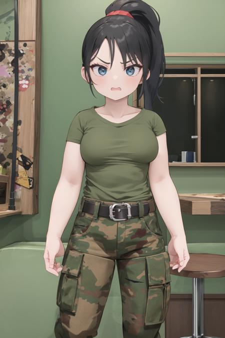 bootsnutes, <lora:bootsnutes3:0.6>, shirt tucked in, green shirt, t-shirt, camouflage pants, black belt, belt buckle, 1girl, small breasts, black hair, ponytail, angry, tavern