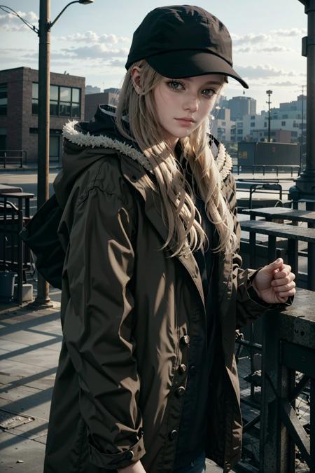 RoseRE, solo, hat, 1girl, long hair, realistic, hood, coat, baseball cap, blonde hair, hood down
<lora:epi_noiseoffset2:1>,  <lora:RoseRE:0.7>