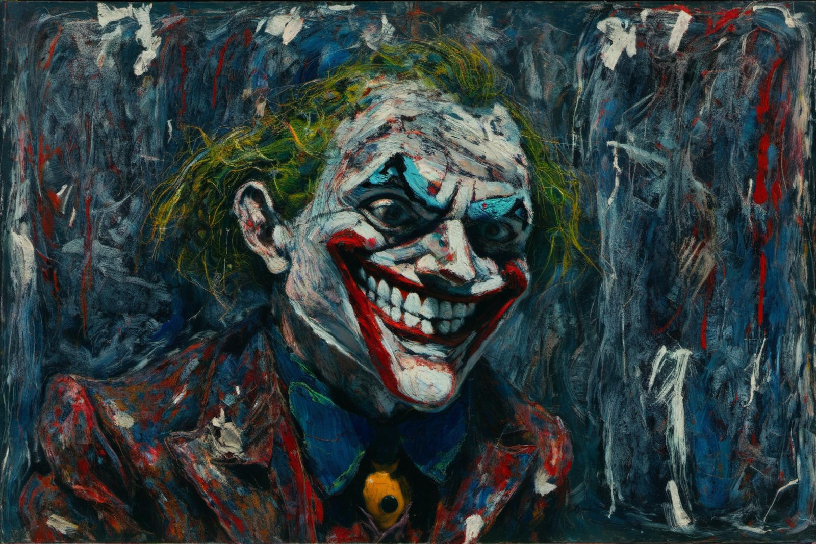 A painting of a man with clown makeup and a red jacket.