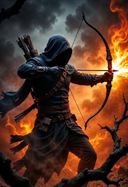 Image is a digital artwork depicting a dynamic and intense scene. The style is highly detailed and dramatic, with a focus on lighting and motion. The layout centers on a hooded archer, whose face is obscured by the hood, creating a mysterious and intense atmosphere. The archer is pulling back a bowstring, ready to release an arrow, with flames swirling around the figure, adding a sense of urgency and power. The background is dark and smoky, enhancing the fiery elements and highlighting the archer's silhouette. The color palette is dominated by warm tones of orange and yellow from the flames, contrasting with the dark, shadowy figure. The overall composition conveys a sense of action and fantasy, with a strong emphasis on the interplay between light and shadow.