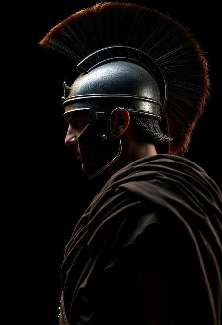 side view of an ancient Greek soldier, hyper realistic, studio photography, dramatic lights, dynamic shadows, black background, chiaroscuro, high contrast lights