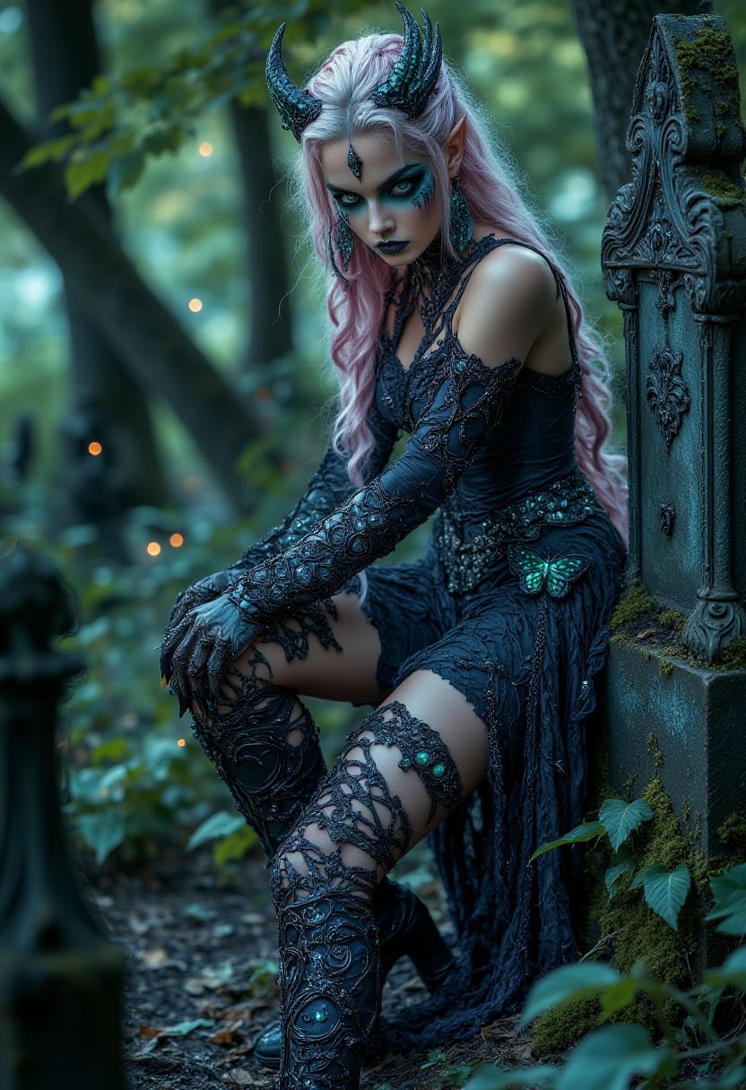 A pastel goth girl with long pastel pink hair explores a creepy, overgrown graveyard hidden deep in the woods. She's wearing a black dress with pastel skull patterns and thigh-high boots with pastel spiderweb designs. The tombstones are ancient and covered in moss, but strange pastel-colored fireflies float around her, lighting the scene with an eerie, otherworldly glow. The contrast between the decayed setting and her vibrant appearance makes the scene feel both terrifying and dreamlike.