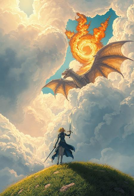 "Vertical 9:16 anime-style sky in ultra-detailed 4K resolution. A vast, painterly sky stretches endlessly, filled with massive, textured clouds in complex folds, soft ridges, and jagged contours. Gaps reveal glowing baby-blue sky and warm sunlight streaming through. Below, Saber from Fate/stay night stands firm atop a grassy cliff, her silver armor gleaming, Excalibur drawn and glowing faintly in her hand. Her flowing blue cape catches the wind as she locks eyes with a colossal dragon hovering in the clouds above. The dragon’s scales shimmer with obsidian and gold tones, its wings vast and torn by age. From its open maw, swirling fire builds — an inferno moments from release. Flames burst forth, lighting the sky with a radiant orange glow, casting dramatic shadows across Saber’s stance. The scene is richly cinematic: dreamy pastel tones shift into high-contrast lighting, with deep cel shading, soft bloom, ambient haze, and hyper-detailed watercolor texture. A moment of mythical confrontation frozen in time — heroic, emotional, and alive with magical tension.