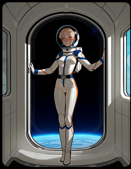 IllustriousQual, detailed face,
tall woman, solo, very short blonde hair, pixie cut, small breasts, long legs, mischievous smile,
wearing a spacesuit and helmet, 
on a space station, posing in an airlock, view of blue planet out of window,
<lora:incaseIllustrious:0.8> incase style,