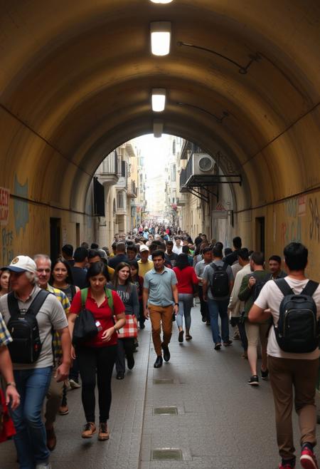 "A humorous scene in a make a tunnel that crosses the entire city.Spanish people  The scene is chaotic but full of energy and fun
