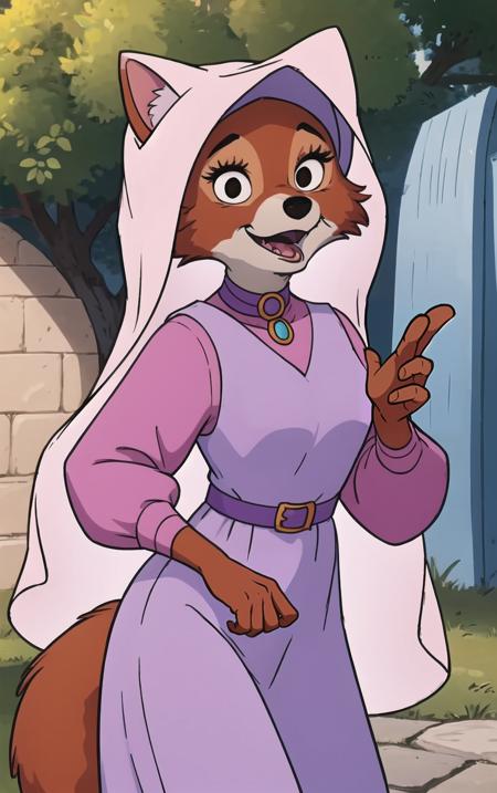 CARTOON_MaidMarian_ownwaifu,
1girl, furry, furry female, animal ears, black eyes, body fur, snout, two-tone fur, orange fur, animal nose, fangs,  tail,
dress, long sleeves, purple dress, veil, choker, jewelry, brooch, hood up, long dress, belt, gem, puffy sleeves,
<lora:CARTOON_MaidMarian_ownwaifu:0.8>
((masterpiece)),((best quality)),(highres, absurdres), original, official_art, looking at viewer, solo, focused, outdoors, day, cowboy shot,