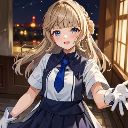 1girl, solo focus,
RangerKC, (blue and white)_two-tone dress, (blue skirt), short sleeves, blue necktie, white gloves, side braids, smlie,
BREAK, upper body shot, face focus, facing to viewer, indoor, dim lighting, night,
 <lora:Ranger-10:0.9>