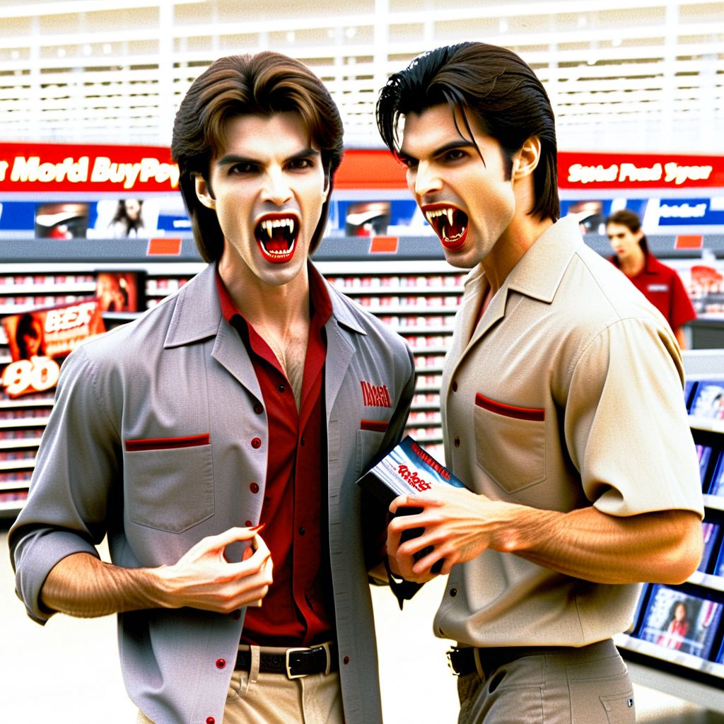 Vampyfangs1. a film still photo. 35mm. 4k. From a 2003 movie. A brown haired vampire man wearing a Grey and red bowling shirt and Khaki pants is showing off his fangs, he is walking around a Best Buy. Looking at a DVD case.
