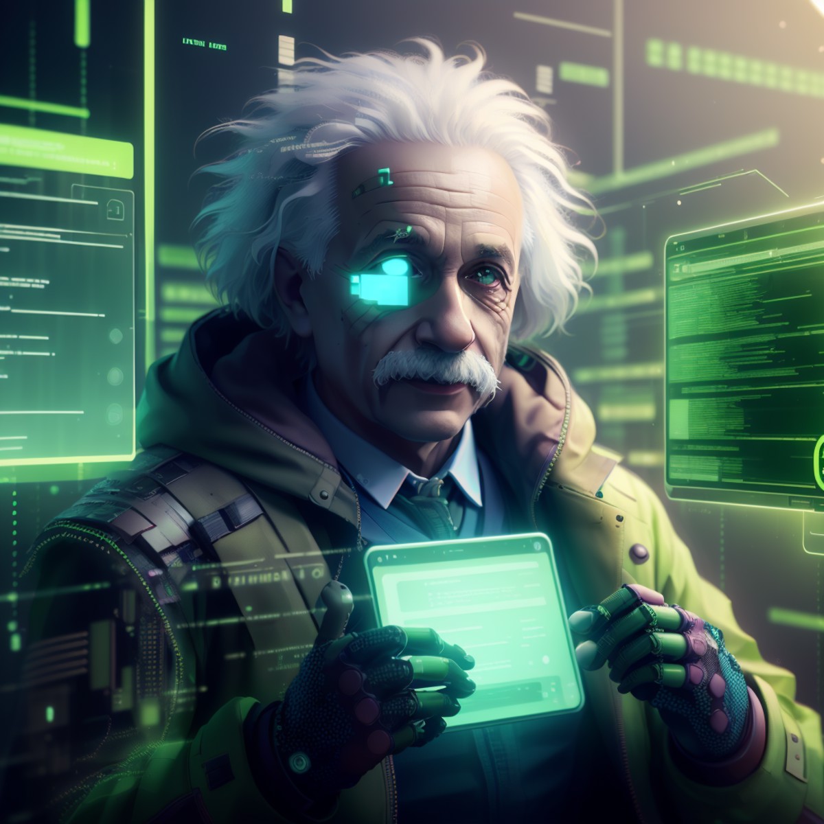 <lora:HackedTech-20:0.9>, hackedtech , scifi,  cyberpunk ,  data stream , pixelated,    green hues ,
man , Albert Einstein...
