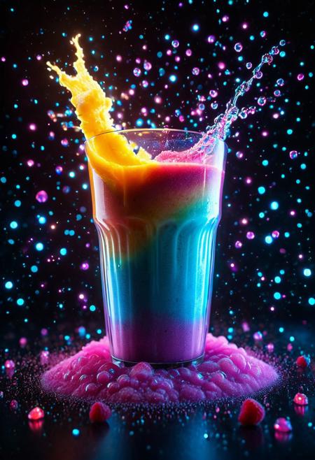 Bioluminescent smoothie splash, glowing vibrant colors, dynamic and creative macro composition. A healthy smoothie bursting mid-air with colorful, radiant lighting, reflecting an ethereal, bioluminescent glow. High-end macro food photography, surreal yet realistic textures, ultra sharp, shallow depth of field, shot with a premium DSLR camera. Eye-catching, mouthwatering, perfect for promotional posters, cinematic lighting, 8K, ultra realistic, vivid details, glowing ambient particles, taken from an unusual angle,