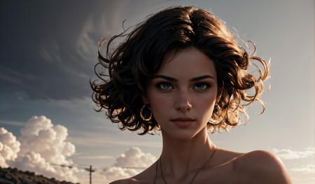 best quality, masterpiece, photorealistic, Realisim, ultrarealistic, professional, beautiful,Lebanese, long brunette curly hair, detailed hazel eyes, strapless, long black dress, detailed eyes, looking at viewer, beautiful, embarrassed,  from front, tilted neck, smirk, , <lora:more_details:1.05>,