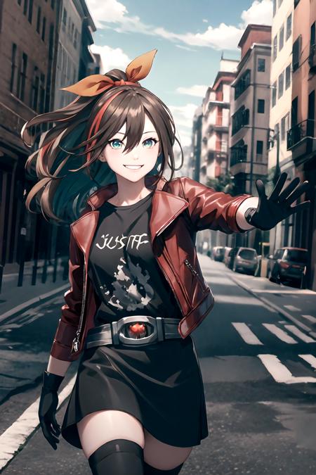etna crimson  brown hair, shirt, thighhighs, gloves,  bow, hair between eyes, green eyes, jacket,  hair bow, hairband, open clothes, shoes, black gloves, belt, grin, black shirt, black skirt, skirt, open jacket, zettai ryouiki, streaked hair, red footwear, red jacket, red thighhighs