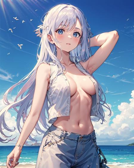 1girl,solo,naked vest, open vest, sleeveless, large breasts,  <lora:NakedVest:1>, long hair,outdoors,blue sky,  <lora:quinellaSAOCharacter_v10:0.7>,standing,cowboy shot, white vest, arms at sides,