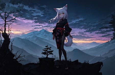 1girl,
fox girl, fox ears, fox tail, animal ear fluff, fox girl figure stands on the cliff,bonsai, abyss, high peaks,
atmosphere of mystery and horror,
lite dress, floral print, hips,
dusk
<lora:beudelb_kl_n_a8_da:0.4>