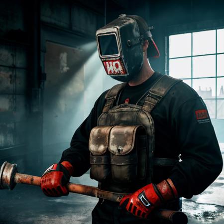 1man, welding mask, holding twohanded hammer, UFC red gloves,   best quality, masterpiece,russia, russian, gopnik, prisonery, factory background, noir, epic, dramatic light,  realism, 8K, HDR, <lora:Tagilla_V01:0.55>