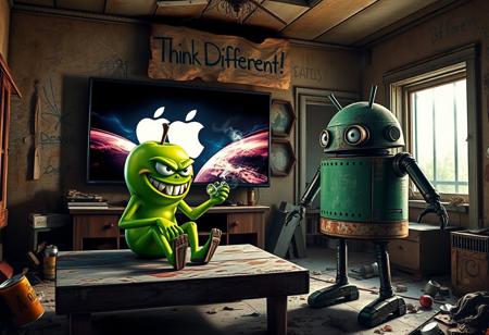 "In a grimy, dilapidated Florida crackhouse, a cartoonish green apple with exaggerated, glaring eyes and twisted limbs engages in a surreal confrontation with the iconic Android logo robot. The apple, seated on a battered, stained coffee table, grins menacingly, clutching a glass pipe. Wisps of smoke curl up from the pipe, drifting through the harsh, flickering light of a massive OLED TV mounted on the wall.
The TV blares an unnervingly vivid Apple computer commercial, its bright visuals casting sharp, unsettling shadows across the room. The walls are covered in grime and graffiti, with peeling wallpaper and broken fixtures. The floor is littered with trash, broken furniture, and empty cans, adding to the squalid atmosphere.
The Android robot, with a rusted, dented exterior and malfunctioning eyes, stands in a defensive stance with twitching antennae. Above the TV, a warped, grimy cardboard sign with 'Think Different!' hangs crookedly. The sign’s jagged, irregular lettering is illuminated by flickering LEDs, casting eerie shadows on the peeling stucco walls.
The air is thick with the stench of mildew and decay, mixed with the acrid smell of smoke from the apple's pipe. The green apple’s glossy skin and the Android’s grimy, rusted body are highlighted by the cold, flickering light, enhancing the bizarre and unsettling scene in this derelict, drug-ridden setting."