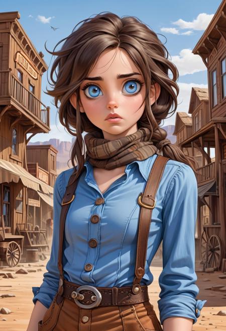 a young girl with large eyes and fair skin. She is dressed in a stylish, eild-west-inspired outfit, wearing a long-sleeved blue shirt with many buttons and brown suspenders. She has a scarf tied around her neck. Her hair is dark and slightly disheveled. The background of the image is a Wild West town at midday.