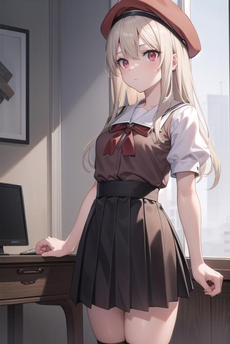 illyasvielvoneinzbern, <lora:illyasvielvoneinzbern-lora-nochekaiser:1>,
illyasviel von einzbern, blonde hair, hair between eyes, long hair, (red eyes:1.5),
BREAK beret, black skirt, brown footwear, collared shirt, hat, homurahara academy school uniform, kneehighs, loafers, pleated skirt, puffy short sleeves, puffy sleeves, red ribbon, ribbon, school uniform, shirt, shoes, short sleeves, skirt, socks, white headwear, white shirt, white socks,
BREAK indoors, classroom,
BREAK looking at viewer, (cowboy shot:1.5),
BREAK <lyco:GoodHands-beta2:1>, (masterpiece:1.2), best quality, high resolution, unity 8k wallpaper, (illustration:0.8), (beautiful detailed eyes:1.6), extremely detailed face, perfect lighting, extremely detailed CG, (perfect hands, perfect anatomy),