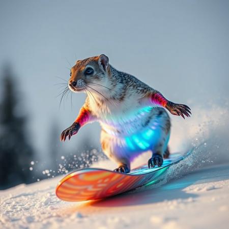 A humanoid weasel on a luminescent, multicolored snowboard descends a snowy slope, extreme close-up, snow powder, speed, sport high level photography
