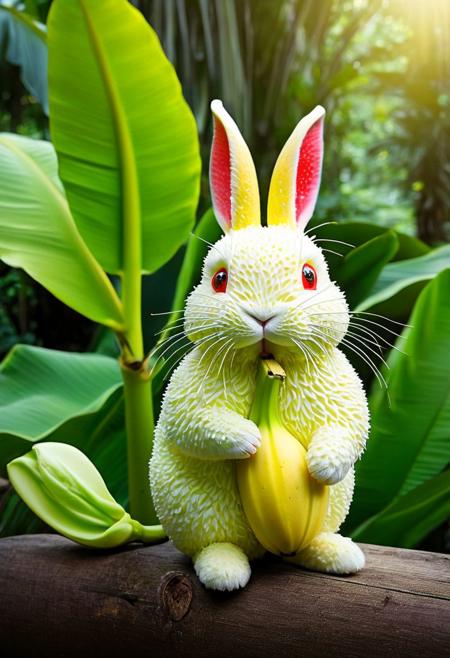 Create an image of a whimsical creature that resembles a small rabbit with the texture and color of a banana strawberry. The creature's body and face are covered in strawberry red, with characteristic seed-dotted skin. It has green leaf-like structures mimicking ears and a ruff around its neck, as if the top of a `banana was placed on its head. This rabbit-like entity has round, innocent eyes, a green pink nose, and delicate white whiskers. Its pose is seated, with one paw slightly raised as if it were about to take a gentle step, and its tail curls behind its body, appearing plump and banana-like as well. Surrounding the creature are actual bananas of a similar shade of yellow and with green caps, scattered on a glossy wooden jungle surface. In the soft-focused background, hints of jungle plants in shadows create an almost ethereal setting. The overall atmosphere is quaint and charming, evoking a sense of magical realism.