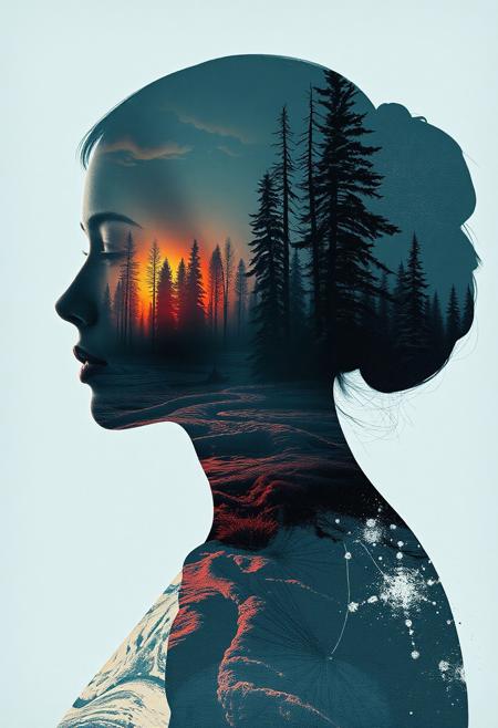 Abstract style dystopian future with elements of an apocalyptic winter inside the silhouette of a womans head and shoulders, that is a double exposure photograph, colours and shapes, expression of feelings, imaginative, highly detailed